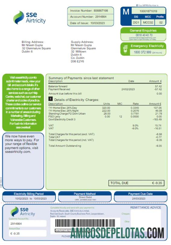 Para baxiar AUSTRÁLIA SSE AIRTRICITY Conta de serviços públicos Word e modelo PDF